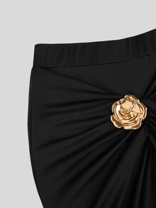 Sweetra Plus Size Black Knitted Ruched Skirt With Ribbon, Camellia Decor, Hip-Covering Mermaid Skirt, Commuter Versatile Skirt Fall - Black - View 7