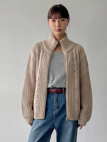 DAZY Women's Solid Color Zipper Casual Versatile Daily Wear Cardigan - Apricot - View 7