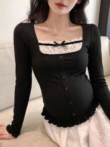 Dazy Maternity Patchwork Polka Dot Lace Bow Long Sleeve Square Neck Casual Daily Vacation Korean Style Spring Autumn Maternity T-Shirt - Black - View 5