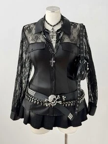 Sunspun Kemeja Lengan Panjang Terbuka Depan Gaya Punk Kasual Seksi Musim Gugur/Dingin Ukuran Besar, Bahan Kulit Imitasi PU & Patchwork Renda - Hitam - View 1