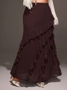 Viva Relle Plus Size Women's Solid Color Ruffle Hem Casual Versatile Skirt - Brown - View 3