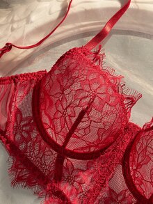 Crystal Vow Romantic Lace & Mesh Underwire Lingerie Set, 2 Pieces - Burgundy - View 5