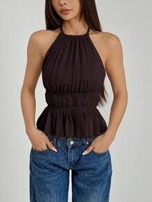 SHEIN PETITE 女款百褶掛脖領腰部綁帶露背背心 - 巧克力棕 - 查看 7