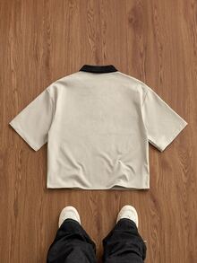 SWAVVY Men's Contrast Color Short Sleeve Zipper Design Casual Polo Shirt - Khaki - View 3