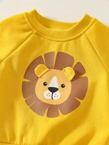 SHEIN 男嬰卡通獅子圖案針織柔軟圓領長袖套頭秋季衛衣 - 黃色 - 查看 4