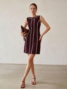 MOTF PREMIUM CONTRAST STRIPED PATTERN NOTCH NECK SLEEVELESS SHORT DRESS - Red Violet - View 4