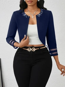 SHEIN Lady 女款薄款領口鑲鑽夾克上衣，適合生日與活動／辦公室／教堂／婚禮／假日，秋冬女式上班穿搭 - 藏蓝色 - 查看 3