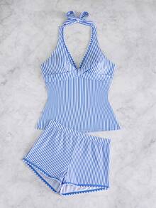 Swim Lushoire 女款夏季條紋印花兩件式比基尼套裝，細肩帶背心上衣配交叉前胸設計與男孩短褲，花卉工藝，休閒舒適海灘度假泳裝 - 藍色 - 查看 8