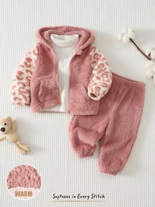 SHEIN 女童小女孩拼接豹紋拉鍊連帽外套與長褲休閒套裝 - 彩色 - 查看 8