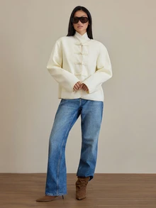 COSMINA Women's Casual New Chinese Style Oriental Long Sleeve Frog Button Tweed Jacket, Suitable For Daily Wear, Dating And Gathering - White - View 3