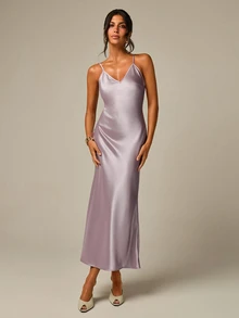COSMINA Gaun Satin Ungu Elegan Kasual Wanita - Purple - View 4