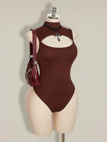 SHEIN ICON 女款大尺碼鏤空連身衣 - 摩卡棕 - 查看 6