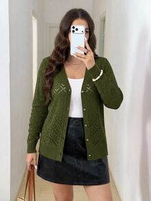 Easowa Curve Plus Size Solid Color Hollow Knit Cardigan - Army Green - View 7