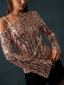 Bohemela Atasan Fashion Wanita Warna Polos Lengan Panjang Bahu Asimetris dengan Payet - Dusty Pink - View 3