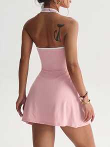 Dewbera Dewbera Spring/Summer Women's Sports Dress, Colorblock Halter Neck, Back Cutout, Front Tie, Built-In Shorts, Pockets, Dusty Pink, Athletic, Tennis - Pink - View 2