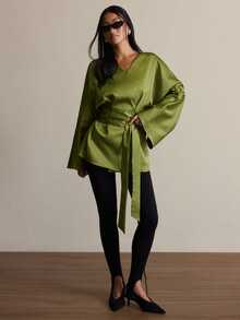 COSMINA Women's Solid Color Casual Versatile Daily Long Sleeve Shirt - Army Green - View 3