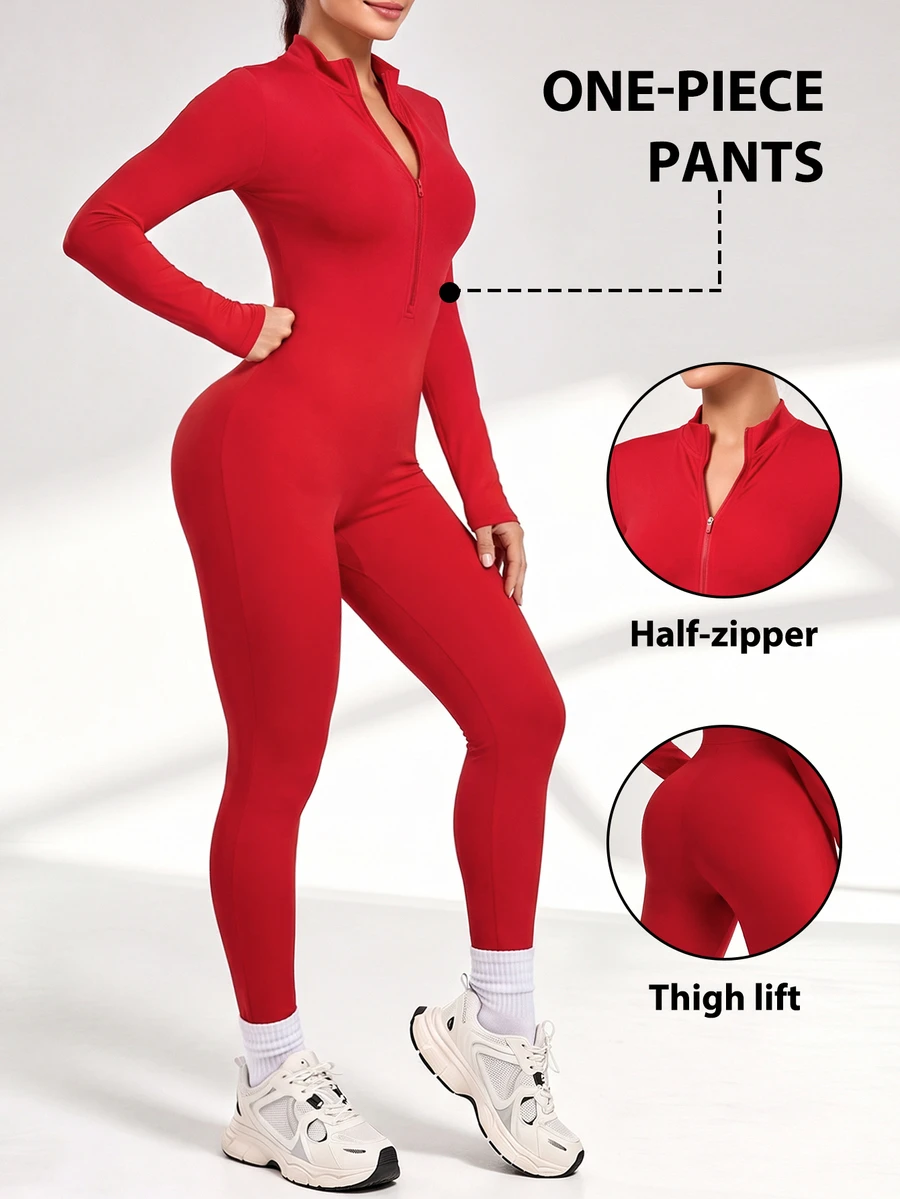 SHEIN Core Rhythm Women's Casual Zip-Up Half-Placket Long Sleeve Sports Jumpsuit - Red - View 1