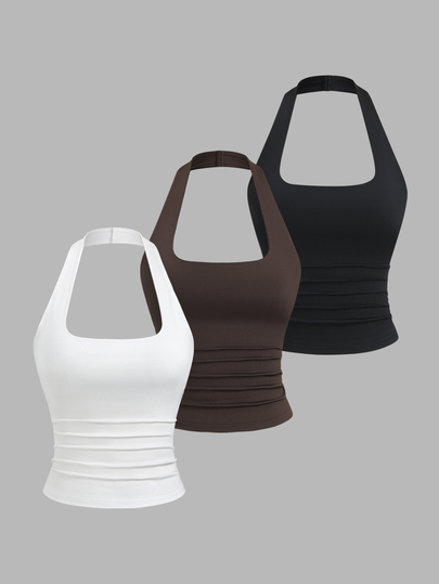 SHEIN Tall Women's Casual Minimalist Comfortable Versatile U-Neck Fitted Tank Top 3 Pieces Set In Black, White, And Coffee