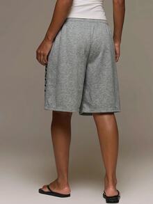 MUSERA 圖案印花鬆緊抽繩腰寬鬆版型短版大尺寸慢跑運動短褲 Jorts 套裝下身單件 可愛日常穿搭 L - 淺灰色 - 查看 5