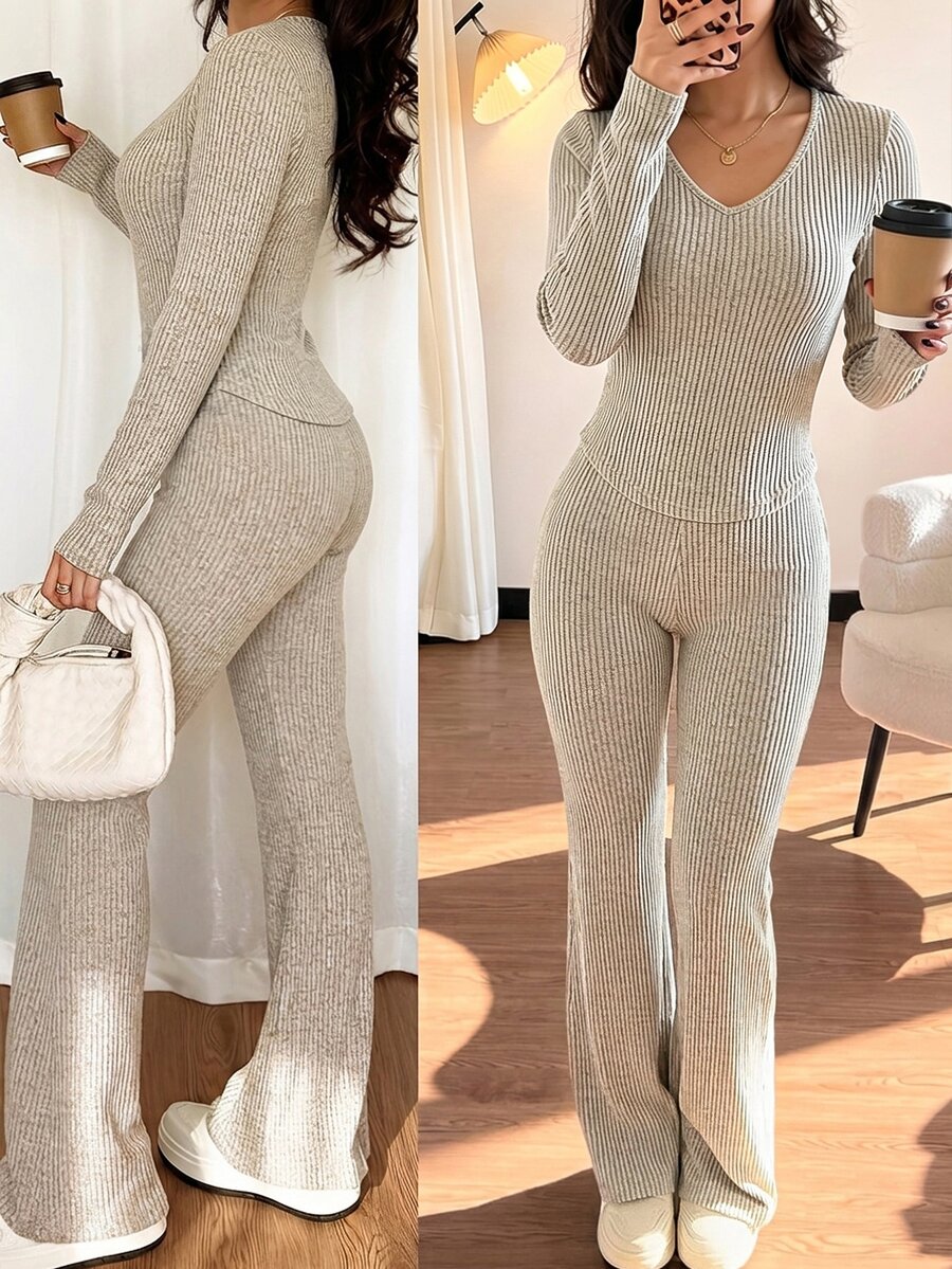 Franclia Women's V-Neck Long Sleeve T-Shirt And Flare Pants Casual 2 Pieces Set - Apricot - View 1