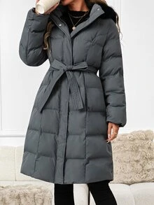 SHEIN Clasi Women's Winter Warm Button Long Sleeve Pockets Padded Coat - Grey - View 3