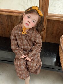 Dazy Kids Infant (Girl) Plaid Collar Long Sleeve Shirt And Long Pants 2 Pieces Set Loungewear Fall - Coffee Brown - View 5