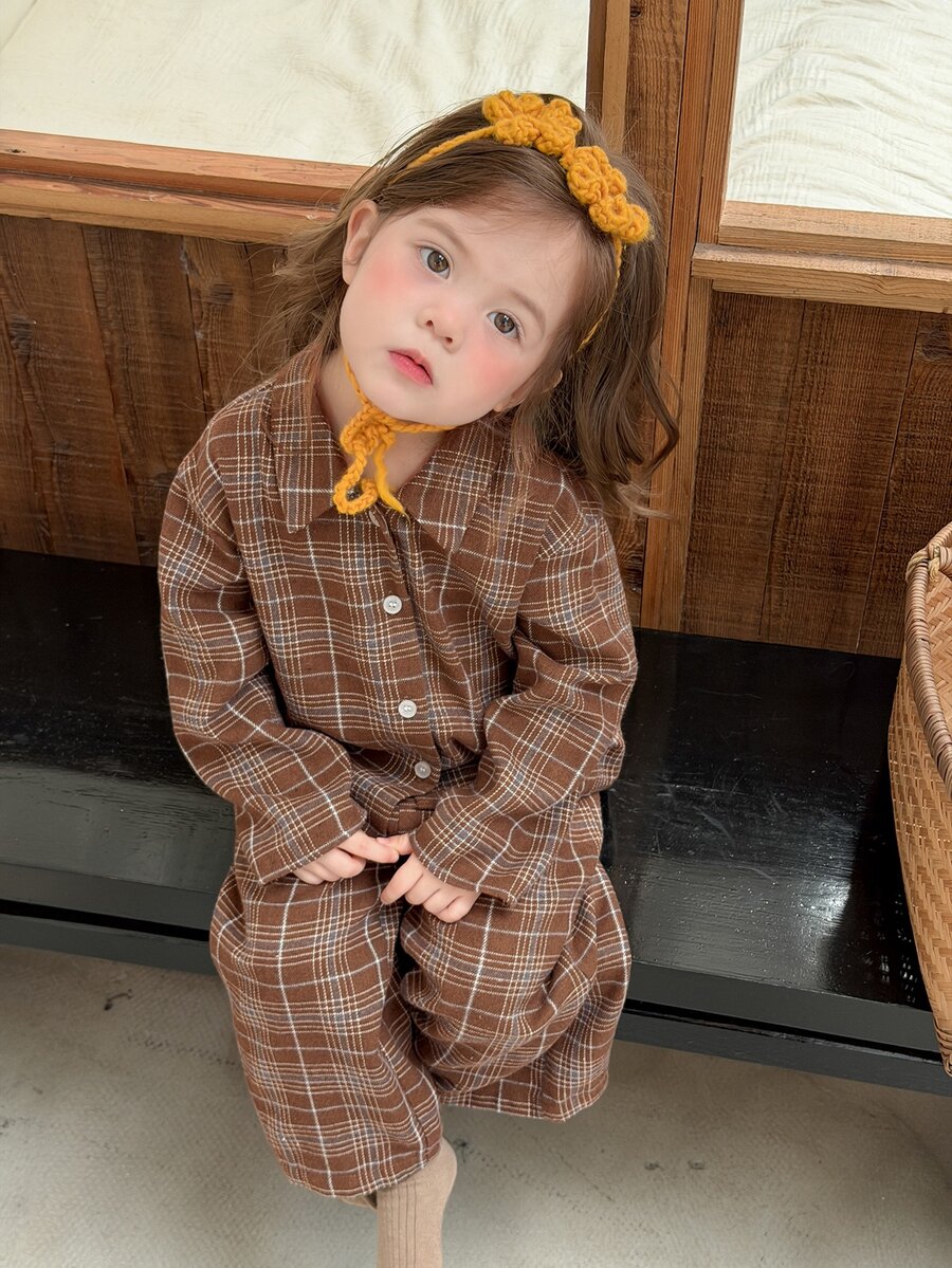 Dazy Kids 嬰兒女嬰格紋領長袖上衣與長褲2件套居家服 秋季 - 咖啡棕 - 查看 1