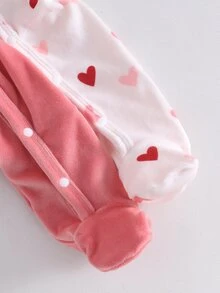 2pcs Newborn Soft Cozy Silver Fox Fleece Heart Print Pink Heart Embroidered Long Sleeve Button-Up Footed Rompers - Multicolor - View 6