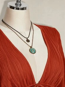 SHEIN ICON 女款大尺碼黑色紋理前綁帶上衣 - 橘色 - 查看 4