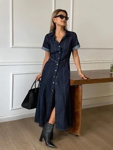DAZY Women's Front Button Long Denim Dress - Blue - View 5