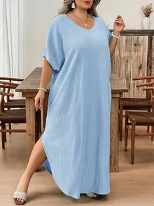 SHEIN CURVE+ 大尺碼女款純色V領蝙蝠袖口袋休閒T恤洋裝 - 淺藍色 - 查看 5