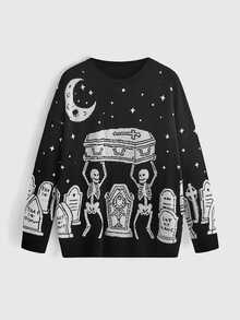 ROMWE Goth 暗黑哥德風黑色貓頭骨月亮星星蛇紋提花寬鬆大尺碼套頭毛衣 - 黑色 - 查看 1