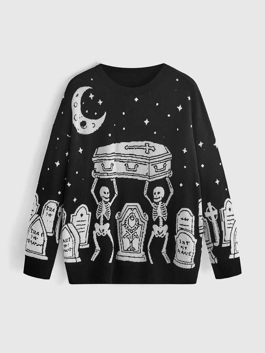 ROMWE Goth 暗黑哥德風黑色貓頭骨月亮星星蛇紋提花寬鬆大尺碼套頭毛衣 - 黑色 - 查看 1