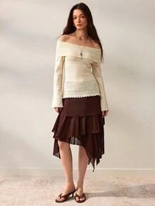Willow Rêve Women's Ivory White Slim Fit Knitted Top, Hollow Knit Off-Shoulder Flare Sleeve Geometric Pattern Design, Western Bohemian Romantic Pastoral Style; Suitable For Autumn Date Night Wear - Cream - View 3