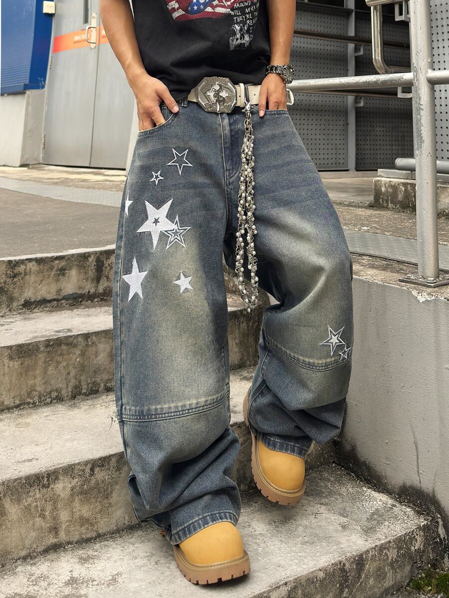 STEELVANCE 街頭風復古時尚百搭做舊水洗貓鬚鉚釘刺繡設計寬鬆直筒寬腿休閒牛仔褲(不含腰帶與配件) - 藍色 - 查看 1
