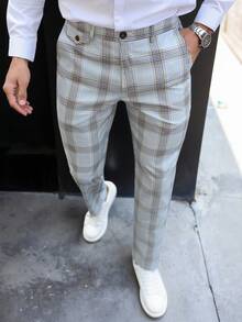 Manfinity Mode Men's Plus Size Plaid Suit Pants, Slim Straight Leg Casual Trousers, Business Office Commute Drape Versatile Autumn Long Pants, Blue Checkered, Formal, Old Money - Light Grey - View 7