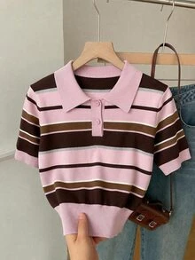SHEIN EZwear 女款針織素色超火小眾學院風品牌，爆紅熊系列，超可愛 Polo 領短袖，適合春夏穿著 - 彩色 - 查看 3