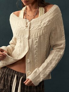 Bohemela Vintage Twisted Rope One-Letter Collar Knit Cardigan - Apricot - View 6