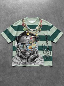 Manfinity EMRG Men's Dark & Light Green Striped Crew Neck Short Sleeve T-Shirt, Vintage Street Millennium Style Top, Portrait Coin & Calligraphy Letter & Large Dollar Sign Text Print On Front & Back, Suitable For Outings, Concerts, Music Festivals, Coachella, Parties, Summer Vacation - Multicolor - View 4