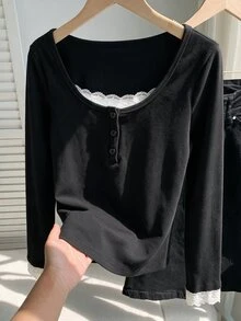 Comfortcana 女款舒適棉混紡長袖方領上衣，飾有蕾絲與鈕扣 - 黑色 - 查看 8