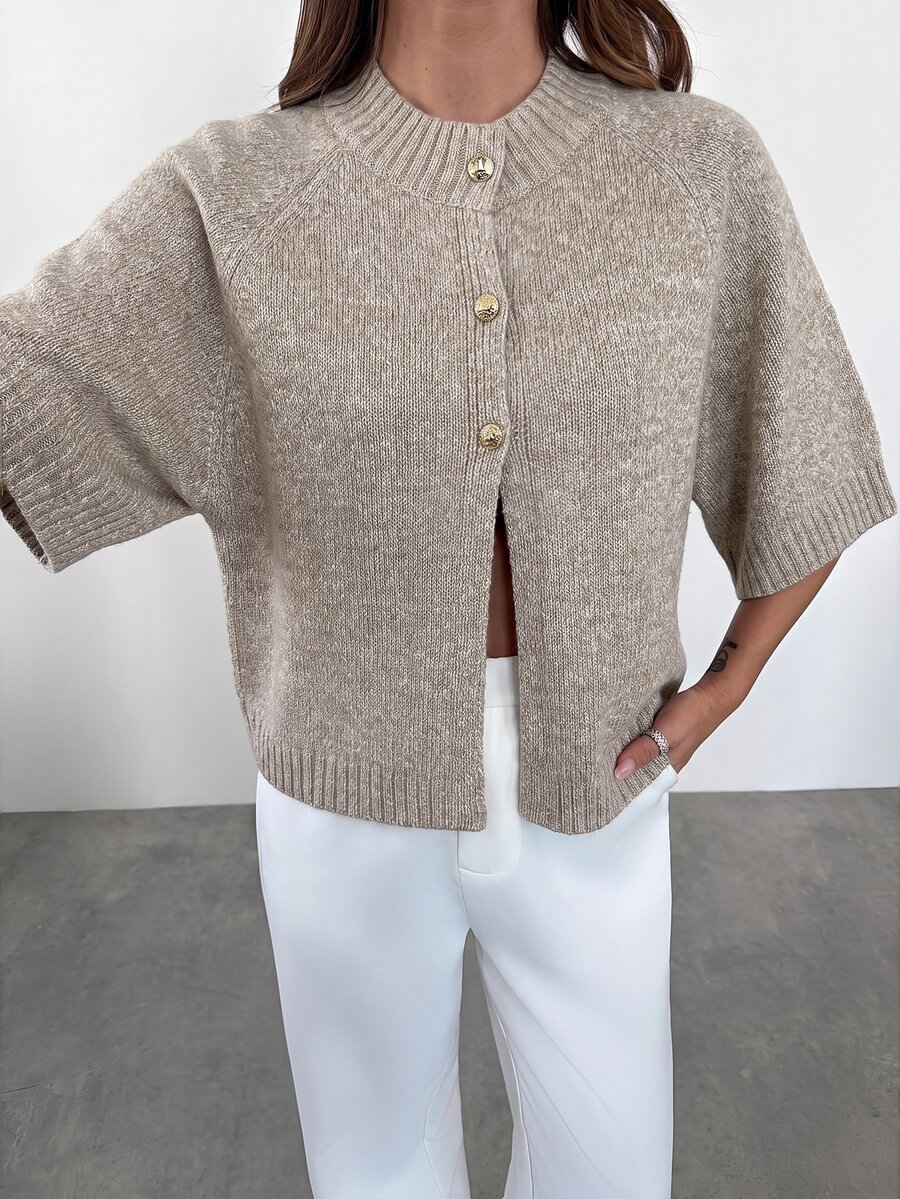 Firerie Women's Vintage Fashion Button Ribbed Patchwork Knit Cardigan - Apricot - View 1