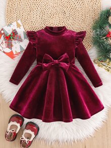 Baby Girl Baby Girl Casual Holiday Christmas Red Comfortable Velvet Long Sleeve Bow Ruffle Cute Autumn Winter Dress - Red - View 2
