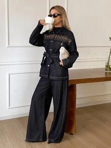DAZY 女款刺繡度假休閒牛仔外套與長褲套裝 - 深色水洗藍 - 查看 5