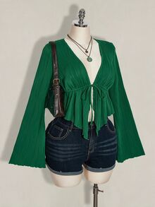 SHEIN ICON 女款大尺碼紋理前綁帶上衣，度假時尚 - 墨綠色 - 查看 3