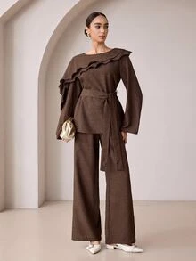 Graceveil Women's 2 Pieces Set With Layered Ruffle Waist Tie Cinched Top And Wide Leg Pants, Suitable For Commuting, Vacation, Daily Wear - Brown - View 4