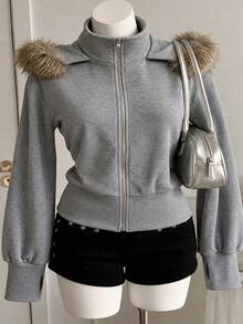 Dazy Plus Korean Style Fitted Waist Patchwork Fur Collar Hooded Sweatshirt, Autumn/Winter New Arrival Hoodies - Grey - View 7