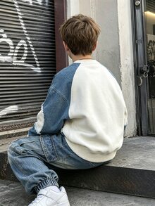 2件組青少年男孩時尚極簡舒適圓領衛衣與工裝褲套裝，印花Logo設計，適合假日派對休閒穿著，5-15°C男孩春/秋/冬首選，街頭風，返校與聚會休閒穿搭 - 彩色 - 查看 2