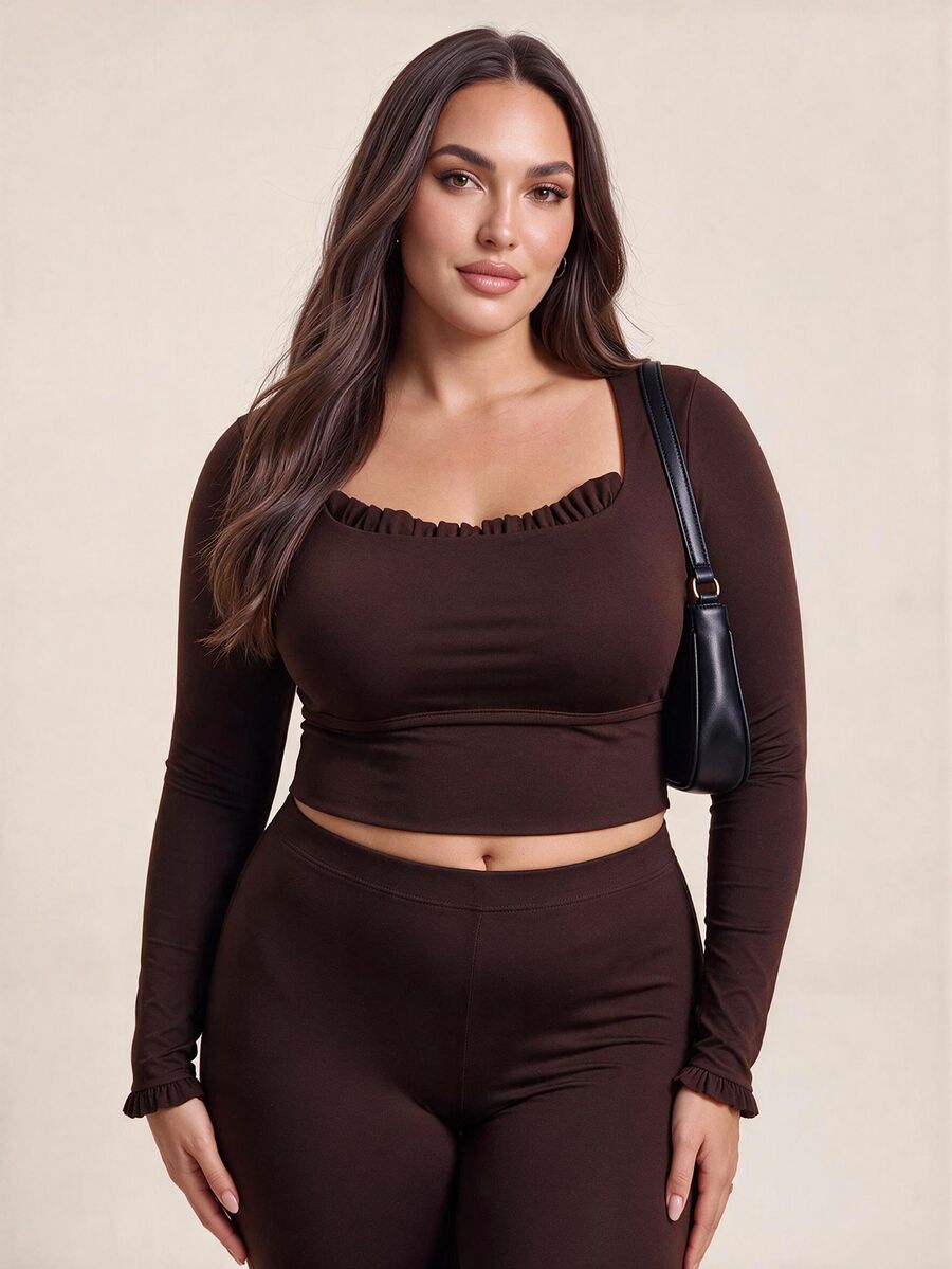 Gameset SHEIN Sport Women's Plus Size Solid Color Frill Trim Long Sleeve Casual Active Tropical Alternative Fitness Sports T-Shirt Gym Brown Autumn Fall - Coffee Brown - View 1