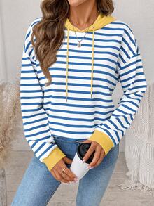 SHEIN LUNE Casual Minimalist Vintage Elegant Commuter Versatile Warm Yellow And Blue Striped Print Pattern, Beach Outfit, Vacation Outfit, Women's Summer Outfit, Round Neck Long Sleeve Loose Fit Women's Sweatshirt - Multicolor - View 4