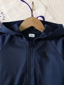 SHEIN ChillGRL Streecool 青少女 2 件套秋季服飾，常規厚度針織休閒百搭連帽拉鍊外套與寬鬆寬腿長褲套裝，馬術運動圖案印花，適合休閒運動 - 藏蓝色 - 查看 4